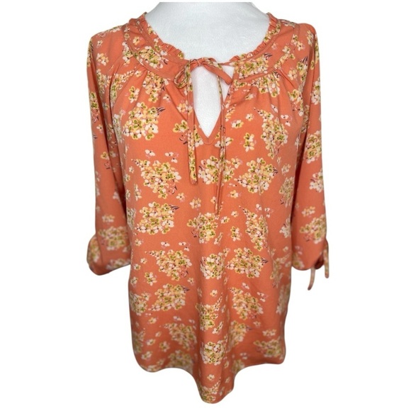 Lauren Conrad Women's Floral Print Key Hole Tie 3/4 Sleeve Roll Tie Blouse Small - Picture 1 of 10